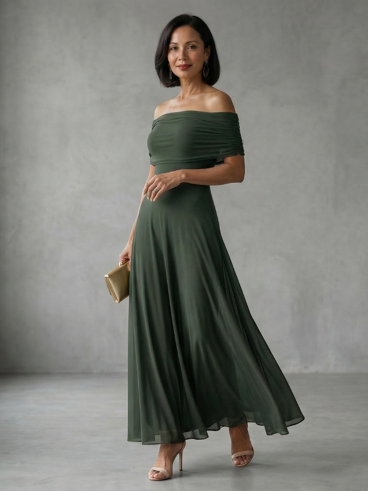 Juni | Off-Shoulder Drapé Midi-Jurk