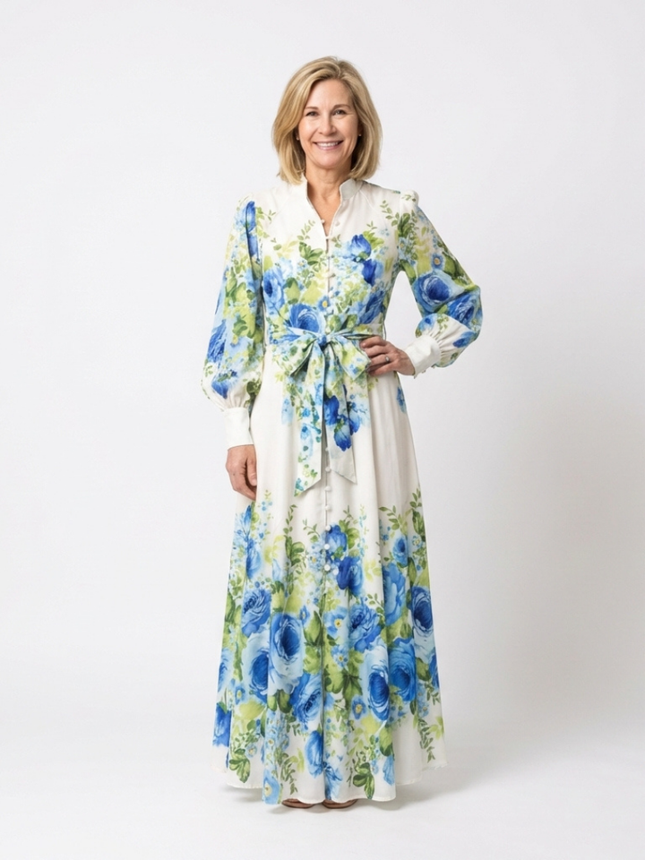 Harper | Lange Mouwen Bloemenknopen-Front Maxikleed