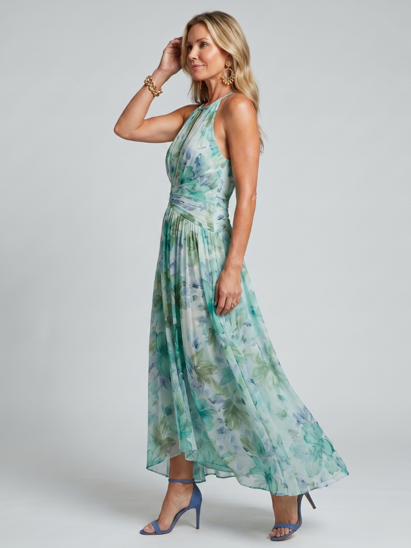 Portia | Vouwbare Halter-Zachte Bloemenpatroon-Midi-Jurk
