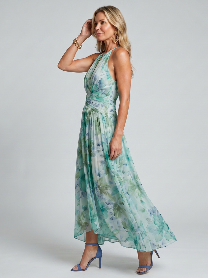 Portia | Vouwbare Halter-Zachte Bloemenpatroon-Midi-Jurk