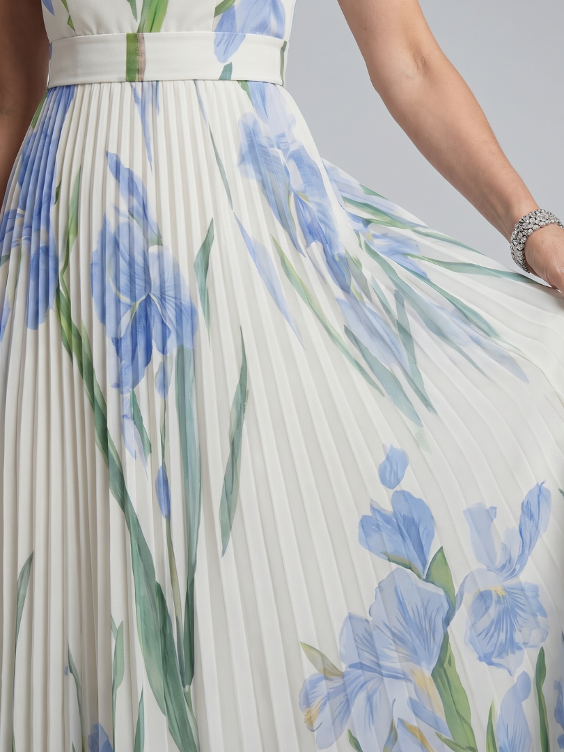 Ophelia | Mouwloos Midi-jurk met vierkante halslijn en bloemenpatroon