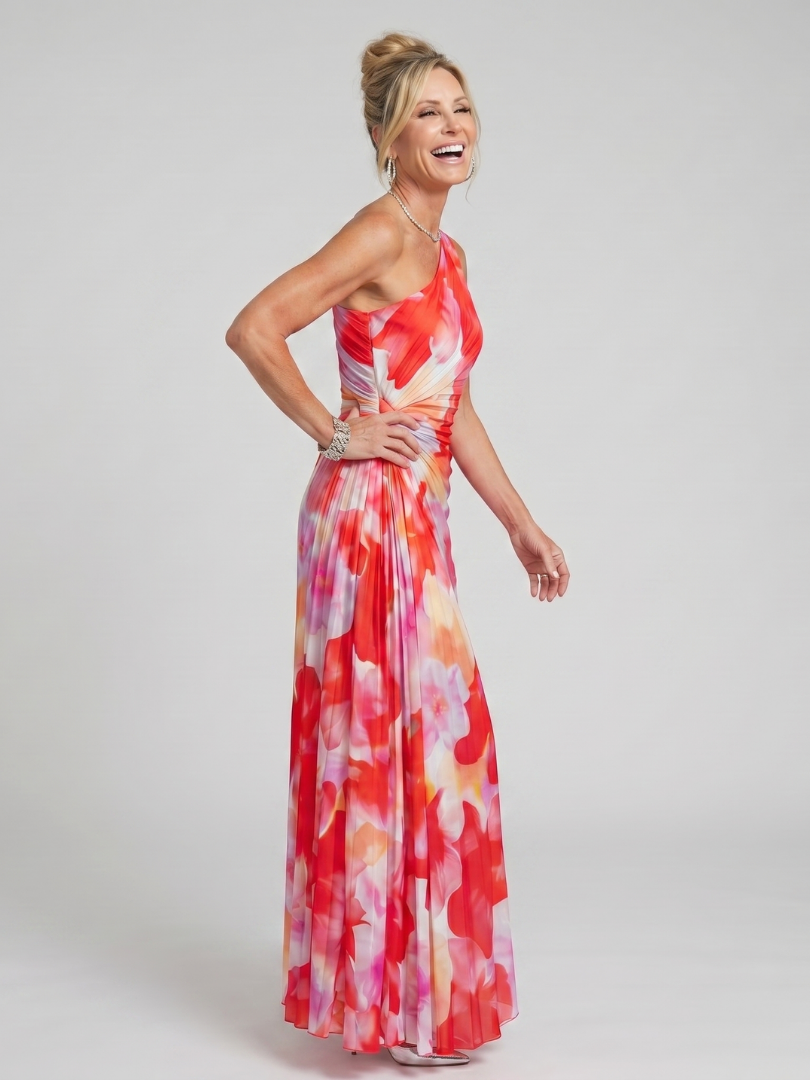 Taya | Een Schouder Plissé Rok Midi Jurk
