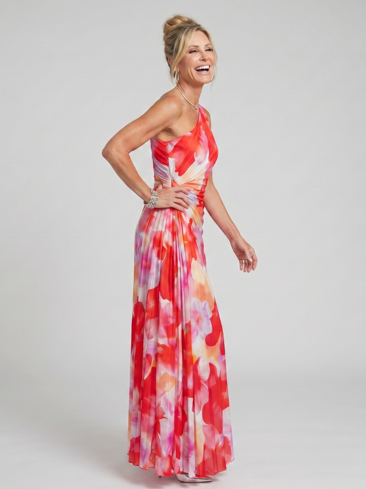 Taya | Een Schouder Plissé Rok Midi Jurk