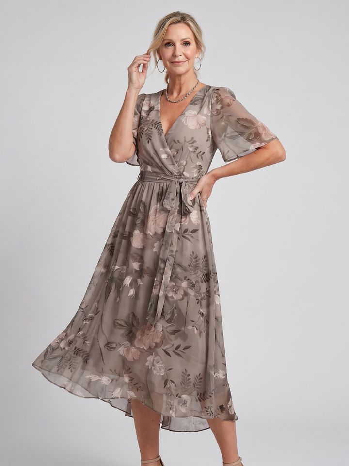 Mirabel | Jurk met zwierende mouwen en gerimpelde taille in bloemenpatroon
