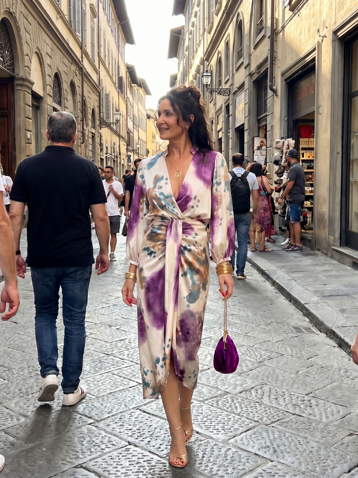 Valentina | Knoop Taille Bedrukte Midi-Jurk