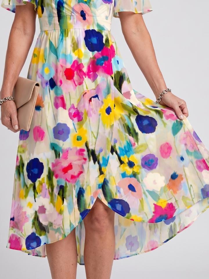 Mirabel | Jurk met zwierende mouwen en gerimpelde taille in bloemenpatroon