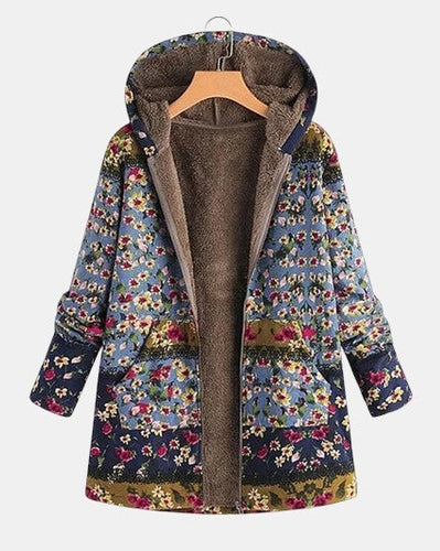 Elena – Boho-Sherpa Hoodie mit floralem Muster
