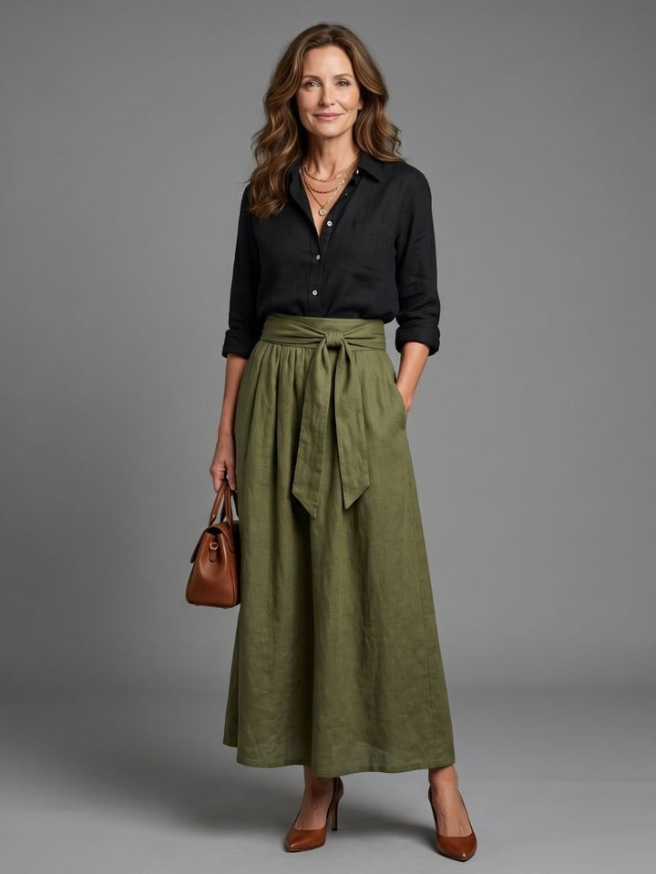 Vera | Twee-delig Set Zwarte Blouse Olijfgroene Midirok