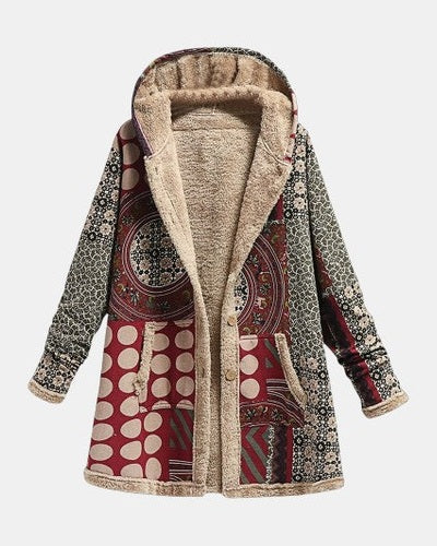 Scarlet – Bordeauxfarbener Sherpa-Mantel mit geometrischem Muster